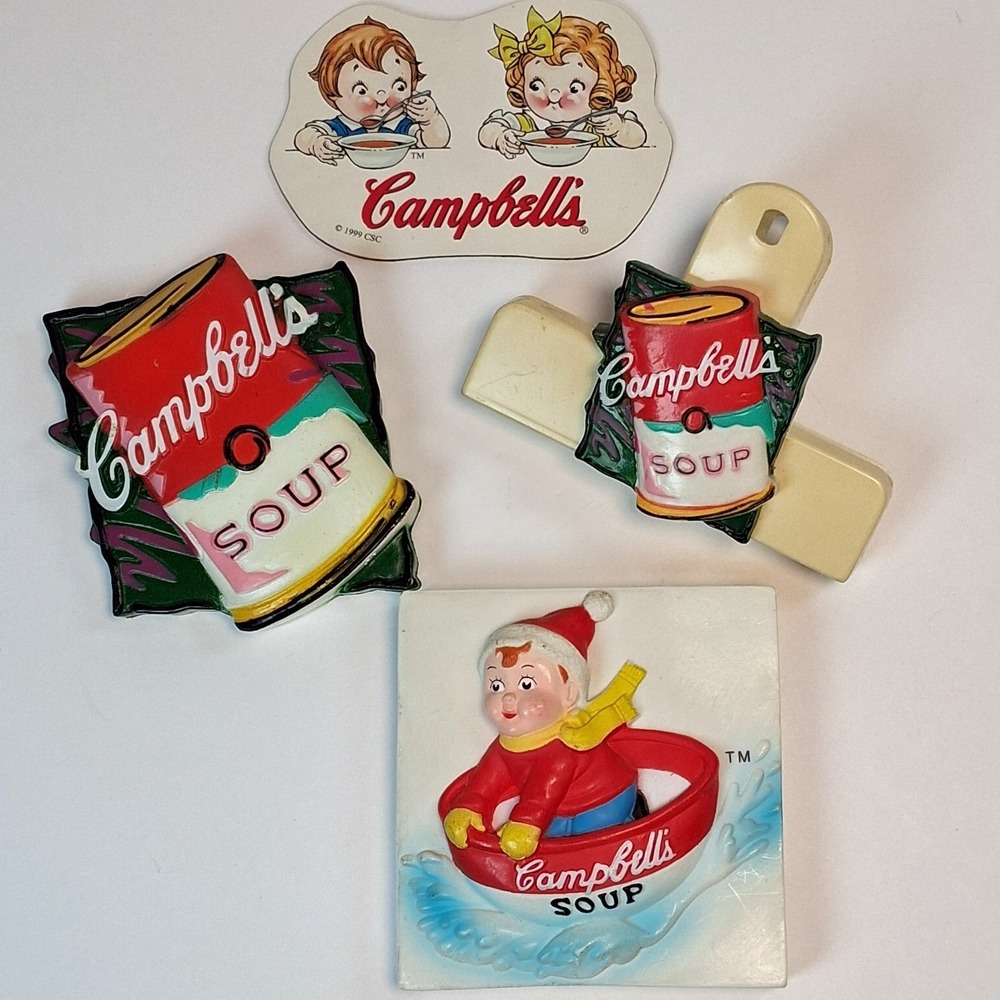 Vintage Campbell's Soup Magnet Lot 1997-1999 Pop Art Can Kid in Bowl Chip Clip